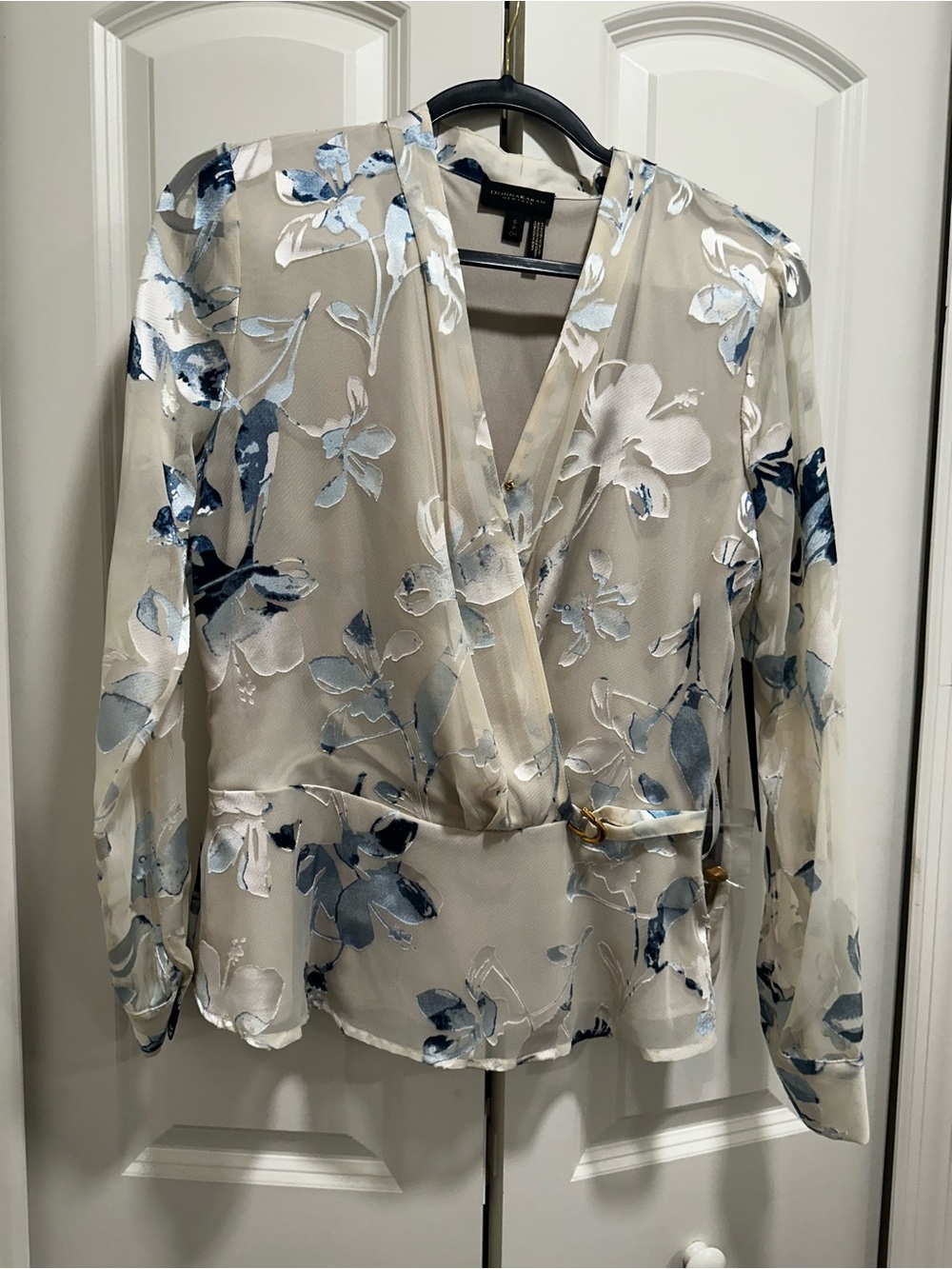 Donna Karan Cream Sheer Floral Wrap Blouse with Blue Accents
